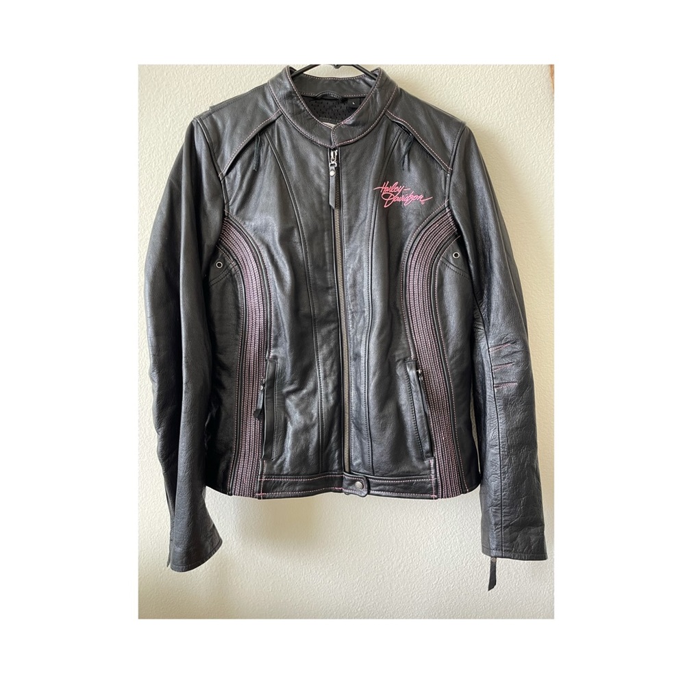 Harley Davidson Black and Pink Leather Jacket set zip up under jacket and gloves